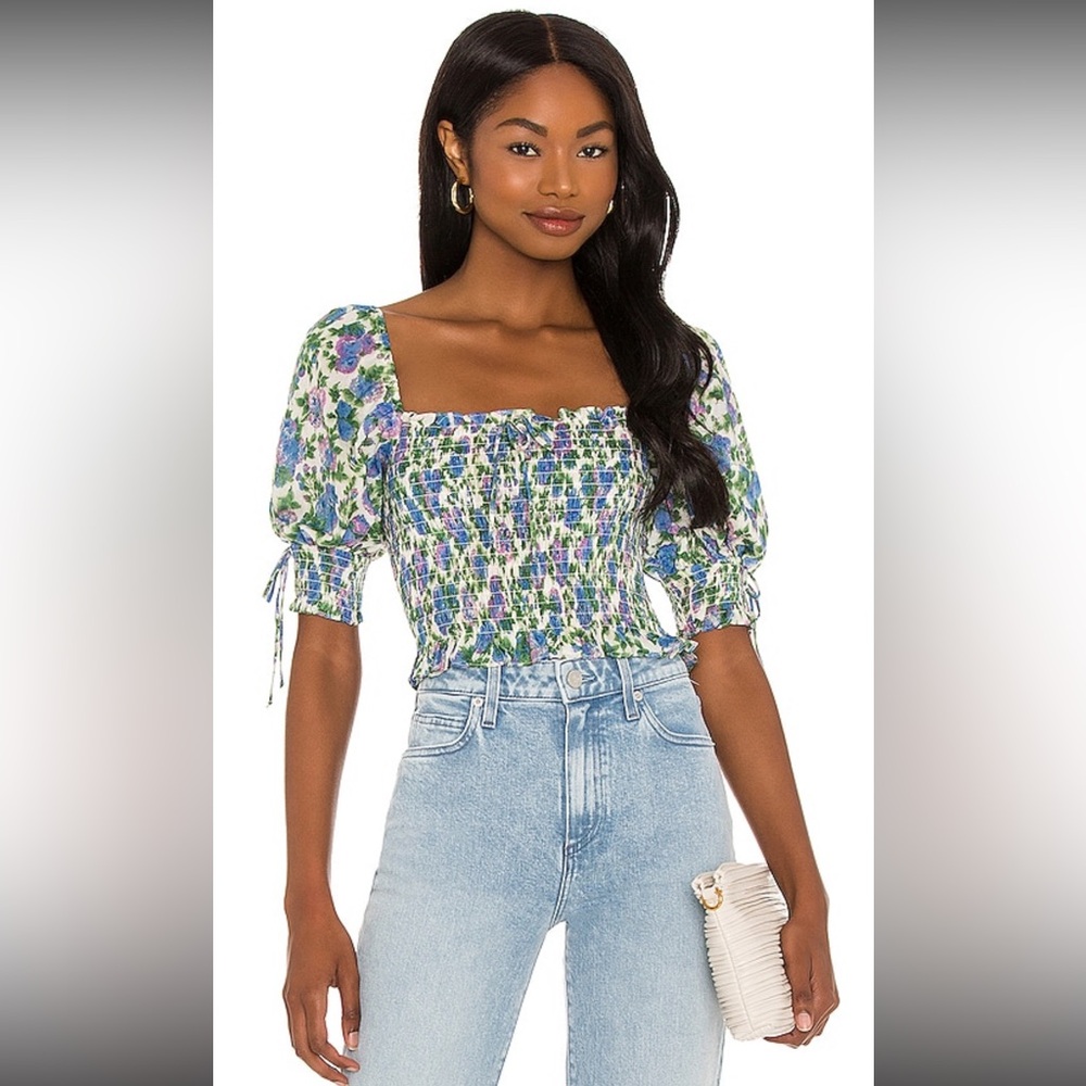 For Love & Lemons Bridget Crop Top Wisteria Floral Smocked Puff Sleeve XS